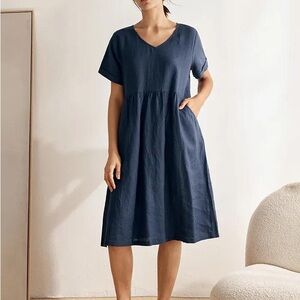 Lintico Navy Blue V-neck Short Sleeve Charlotte Linen Dress Size L